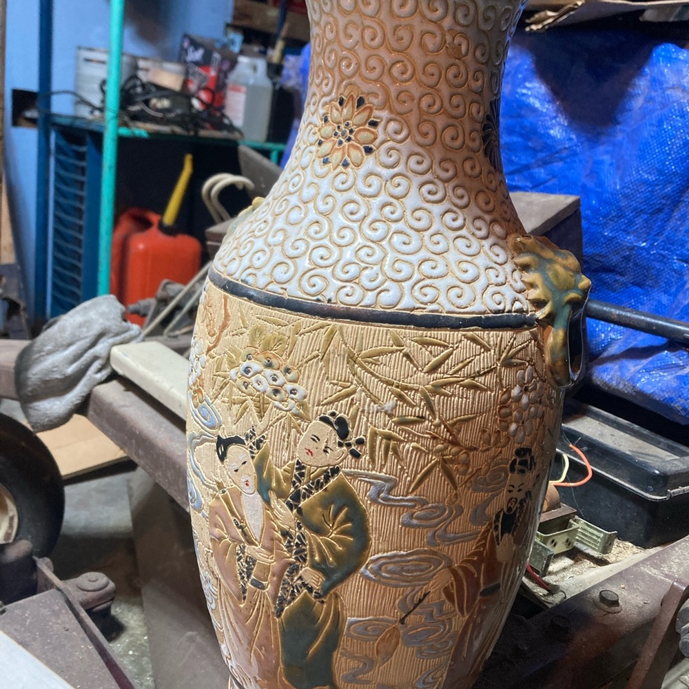 Gold and Cream Ceramic Vase with Artistic Relief Sculptures